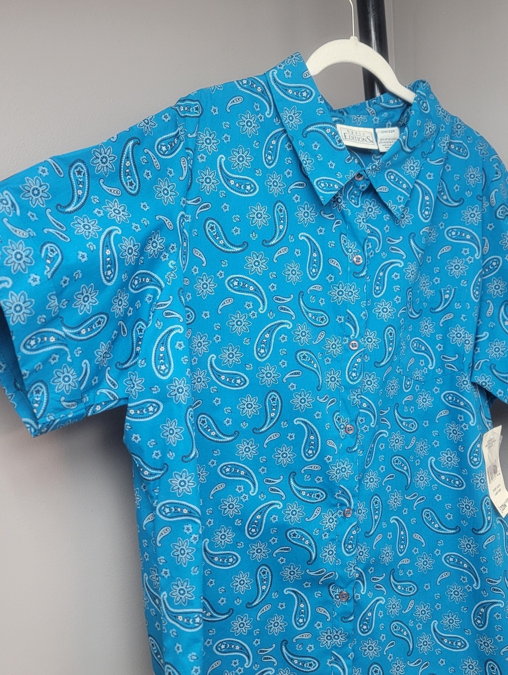 Womens Top Shirt ButtonUp Paisley Floral Blue White Short Sleeve Collared Sz 22W